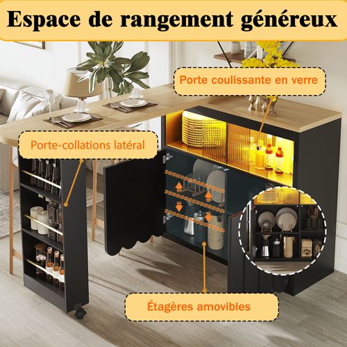 Table De Bar 135x39x100 Cm, 2 Porte Coulissante En Verre, 2 Portes, LED, Mdf+aggloméré, Noir+bois