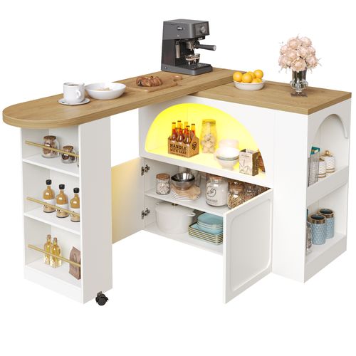 Table De Bar 135x39x100cm, 2 Portes, Moderne, LED, Roulette, Mdf+aggloméré, Blanc+bois