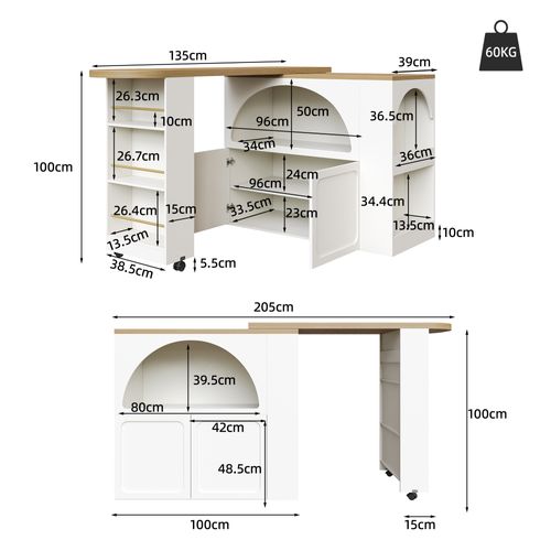 Table De Bar 135x39x100cm, 2 Portes, Moderne, LED, Roulette, Mdf+aggloméré, Blanc+bois