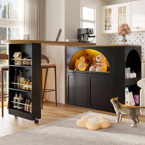 Table De Bar 135x39x100cm, 2 Portes, Moderne, LED, Roulette, Mdf+aggloméré, Noir+bois