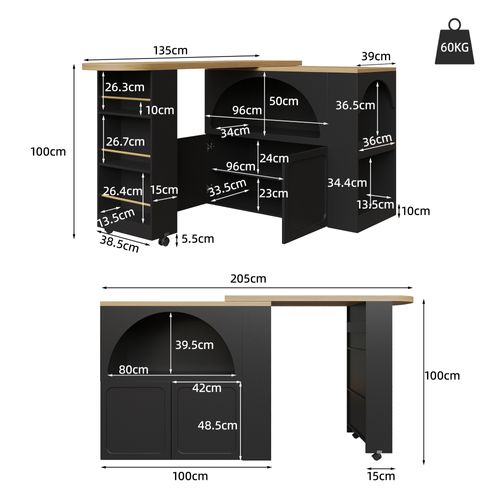 Table De Bar 135x39x100cm, 2 Portes, Moderne, LED, Roulette, Mdf+aggloméré, Noir+bois
