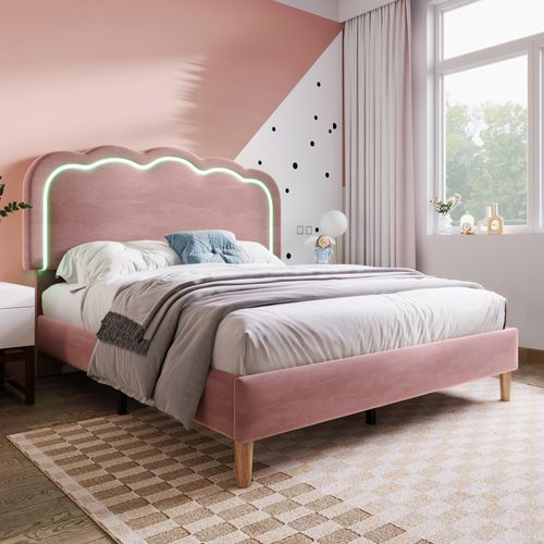 Lit 140x200cm, Lit Double, Sommier, LED, Tête De Lit Réglable, Moderne, Velours, Rose