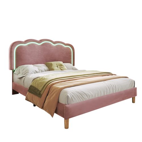 Lit 140x200cm, Lit Double, Sommier, LED, Tête De Lit Réglable, Moderne, Velours, Rose