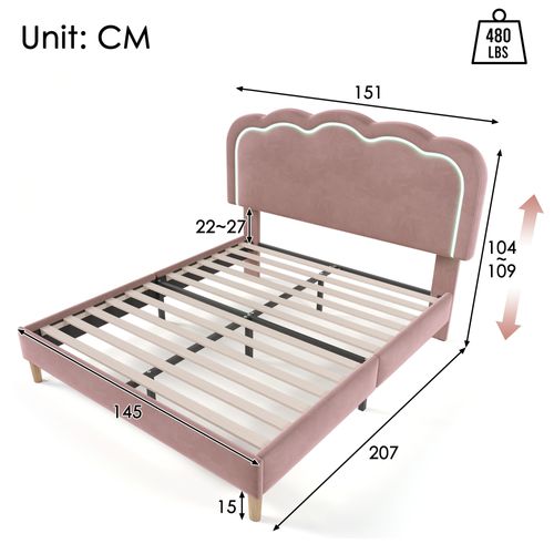 Lit 140x200cm, Lit Double, Sommier, LED, Tête De Lit Réglable, Moderne, Velours, Rose