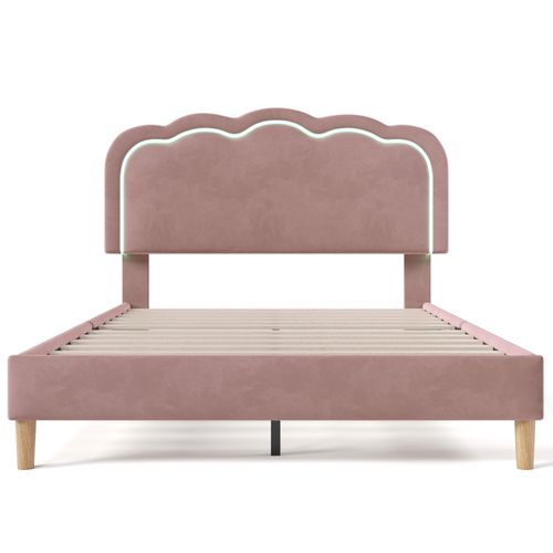 Lit 140x200cm, Lit Double, Sommier, LED, Tête De Lit Réglable, Moderne, Velours, Rose
