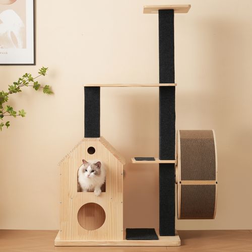 Arbre à Chat Bois Avec Roue D’exercice, Griffoirs Sisal, 2 Niches, 4 Plateformes