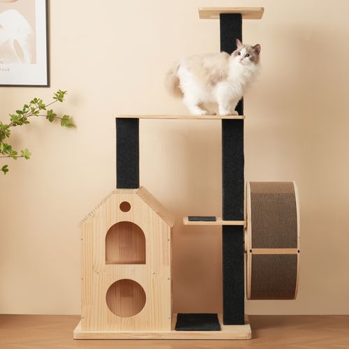 Arbre à Chat Bois Avec Roue D’exercice, Griffoirs Sisal, 2 Niches, 4 Plateformes