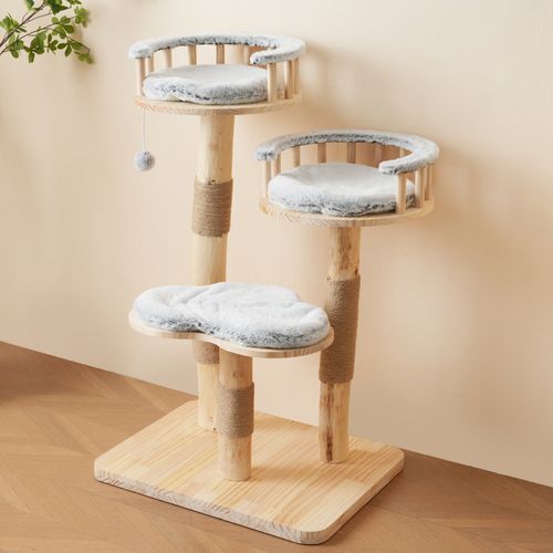 Arbre à Chat Bois 98cm, Coussins Gris Lavables, Poteaux Sisal, 3 Plateformes, Ballon Peluche