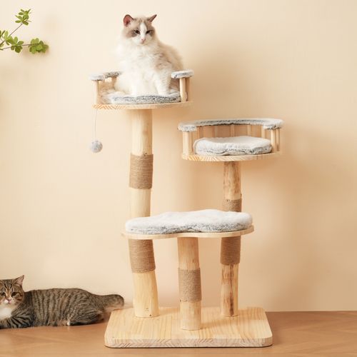 Arbre à Chat Bois 98cm, Coussins Gris Lavables, Poteaux Sisal, 3 Plateformes, Ballon Peluche