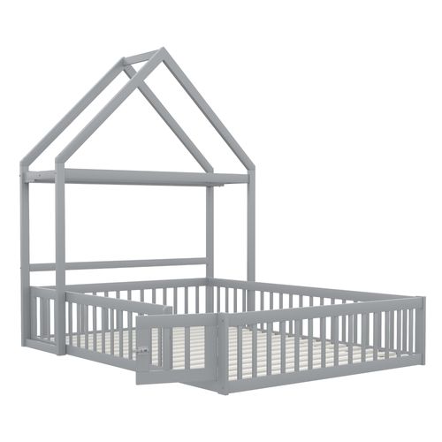 Lit Cabane 140x200cm, Lit Double, Forme Toit, Étagère, Tringle à Vêtement, Sommier, Bois, Mdf, Gris