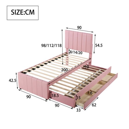 Lit Gigogne 90x200cm, Lit Enfant, 3 Tiroirs, Tête De Lit, Sommiers à Lattes En Bois, Lin, Mdf, Rose