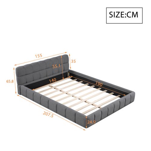 Lit Adulte 140x190cm, Lit Double, Sommier, Tête De Lit, Conception à Matelas Encastré, Mdf, Lin Gris