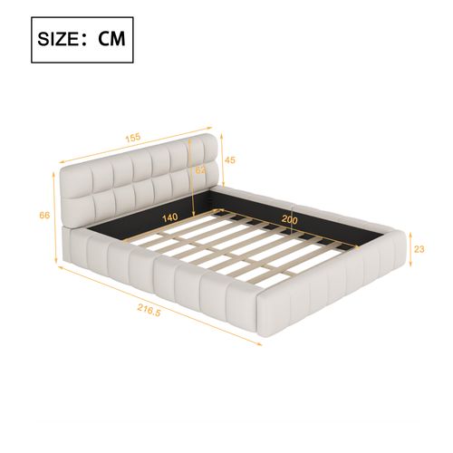 Lit Adulte 140x200cm, Lit Double, Sommier, Tête De Lit, Design à Matelas Encastré, Mdf, Lin Beige