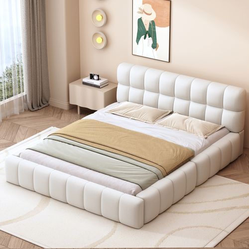 Lit Adulte 140x200cm, Lit Double, Sommier, Tête De Lit, Design à Matelas Encastré, Mdf, Lin Beige