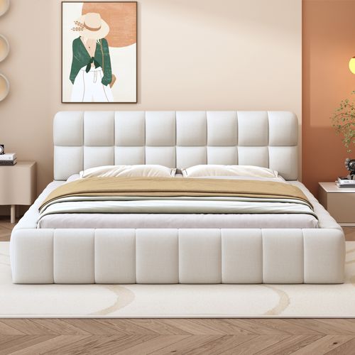 Lit Adulte 140x200cm, Lit Double, Sommier, Tête De Lit, Design à Matelas Encastré, Mdf, Lin Beige