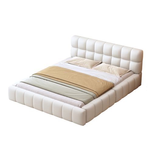 Lit Adulte 140x200cm, Lit Double, Sommier, Tête De Lit, Design à Matelas Encastré, Mdf, Lin Beige