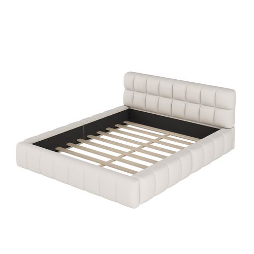 Lit Adulte 140x200cm, Lit Double, Sommier, Tête De Lit, Design à Matelas Encastré, Mdf, Lin Beige