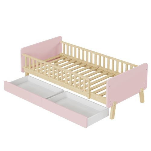 Lit Enfant 90x190cm, Lit Simple, 2 Tiroirs Spacieux, Sommier, Barrière, Tête De Lit, Mdf, Bois, Rose