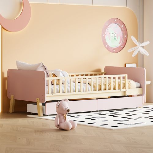 Lit Enfant 90x190cm, Lit Simple, 2 Tiroirs Spacieux, Sommier, Barrière, Tête De Lit, Mdf, Bois, Rose