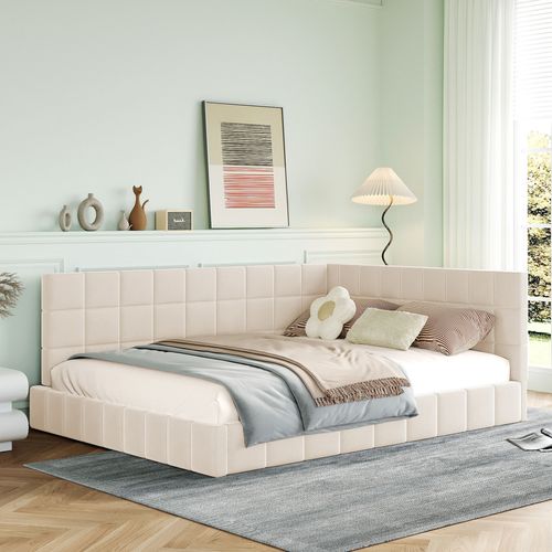 Lit Adulte 140x200cm, Lit Double, Dossier Moelleux, Tête De Lit, Revêtement En Velours, Mdf, Beige