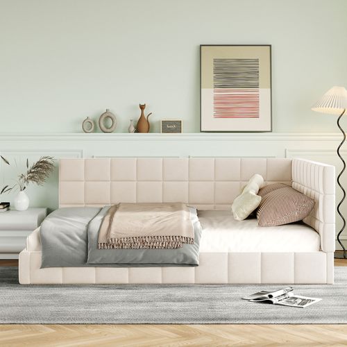 Lit Adulte 140x200cm, Lit Double, Dossier Moelleux, Tête De Lit, Revêtement En Velours, Mdf, Beige