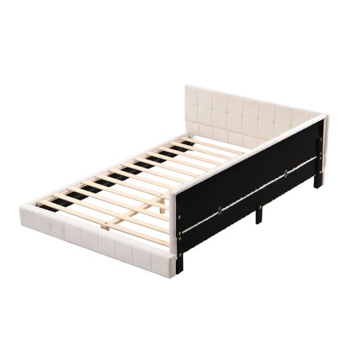 Lit Adulte 140x200cm, Lit Double, Dossier Moelleux, Tête De Lit, Revêtement En Velours, Mdf, Beige