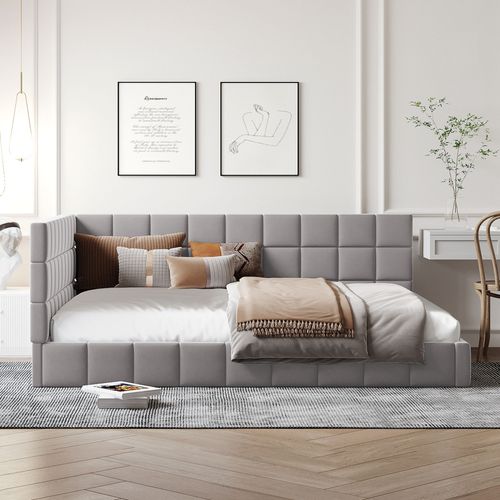 Lit Adulte 140x200cm, Lit Double, Tête De Lit, Dossier Moelleux, Revêtement En Velours, Mdf, Gris