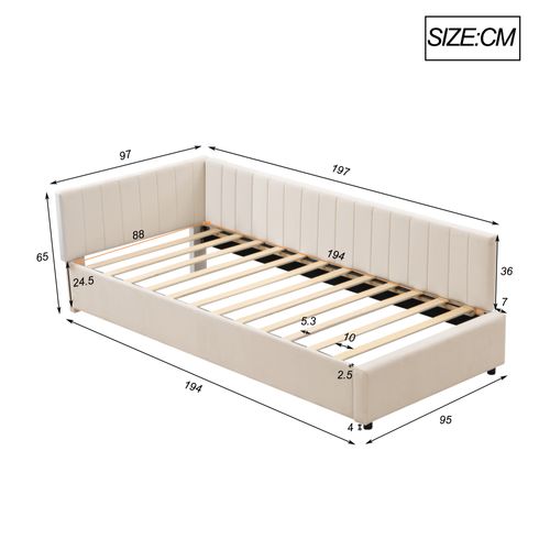 Lit Simple 90x200cm, Lit Enfant, Sommier à Lattes En Bois, Tête De Lit, Dossier, Mdf, Velours Beige