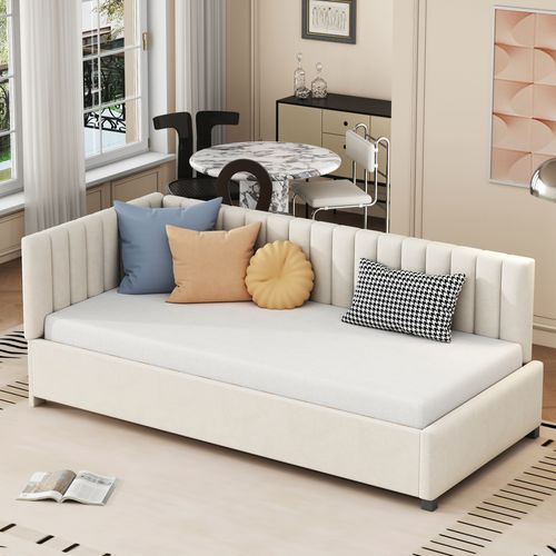 Lit Simple 90x200cm, Lit Enfant, Sommier à Lattes En Bois, Tête De Lit, Dossier, Mdf, Velours Beige