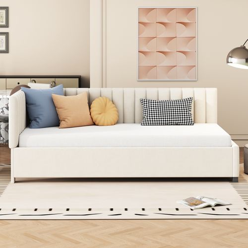 Lit Simple 90x200cm, Lit Enfant, Sommier à Lattes En Bois, Tête De Lit, Dossier, Mdf, Velours Beige