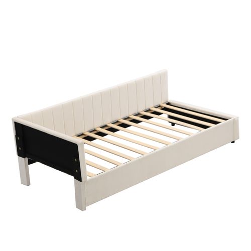 Lit Simple 90x200cm, Lit Enfant, Sommier à Lattes En Bois, Tête De Lit, Dossier, Mdf, Velours Beige