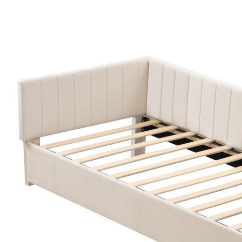 Lit Simple 90x200cm, Lit Enfant, Sommier à Lattes En Bois, Tête De Lit, Dossier, Mdf, Velours Beige