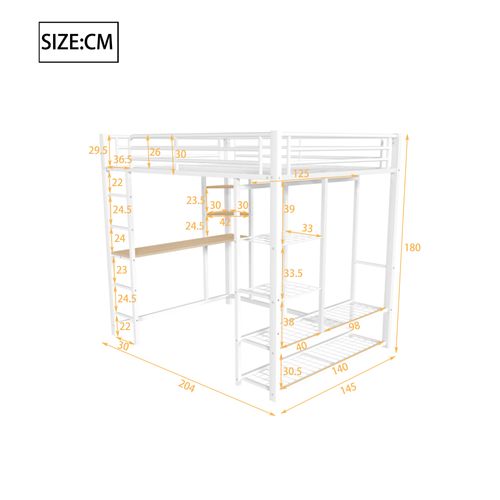 Lit Mezzanine 140x200cm, Lit Double, Bureau, Tringle, Échelle, Étagères, Mdf, Métal, Blanc