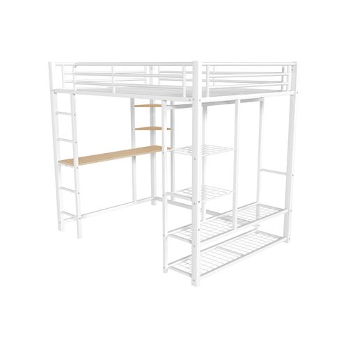 Lit Mezzanine 140x200cm, Lit Double, Bureau, Tringle, Échelle, Étagères, Mdf, Métal, Blanc