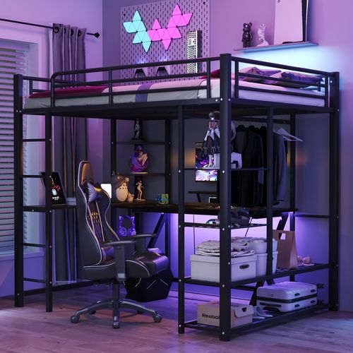 Lit Mezzanine Noir 140x200cm, 3 En 1, Bureau, Tringle, Échelle, Étagère, Compartiment, Mdf, Métal