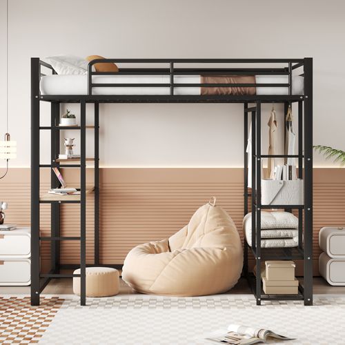 Lit Mezzanine Noir 140x200cm, 3 En 1, Bureau, Tringle, Échelle, Étagère, Compartiment, Mdf, Métal