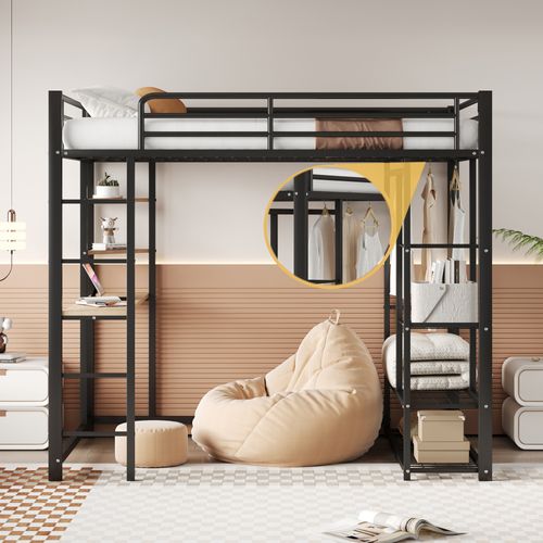 Lit Mezzanine Noir 140x200cm, 3 En 1, Bureau, Tringle, Échelle, Étagère, Compartiment, Mdf, Métal