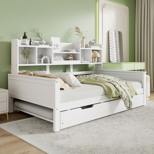 Lit Gigogne 90x200cm, Lit 2 En 1, 2 Couchages, 5 Niches Ouvertes, 3 Étagères, En Pin Et Mdf, Blanc