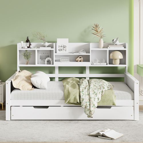 Lit Gigogne 90x200cm, Lit 2 En 1, 2 Couchages, 5 Niches Ouvertes, 3 Étagères, En Pin Et Mdf, Blanc