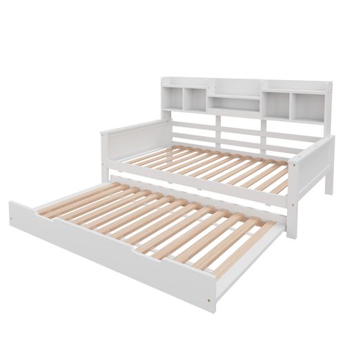 Lit Gigogne 90x200cm, Lit 2 En 1, 2 Couchages, 5 Niches Ouvertes, 3 Étagères, En Pin Et Mdf, Blanc