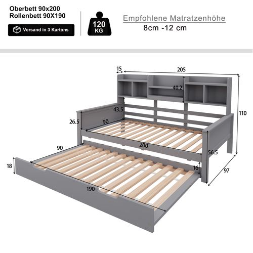 Lit Gigogne 90x200cm, Lit 2 En 1 Avec 2 Couchages, 5 Niches Ouverte, 3 Étagères, En Pin Et Mdf, Gris