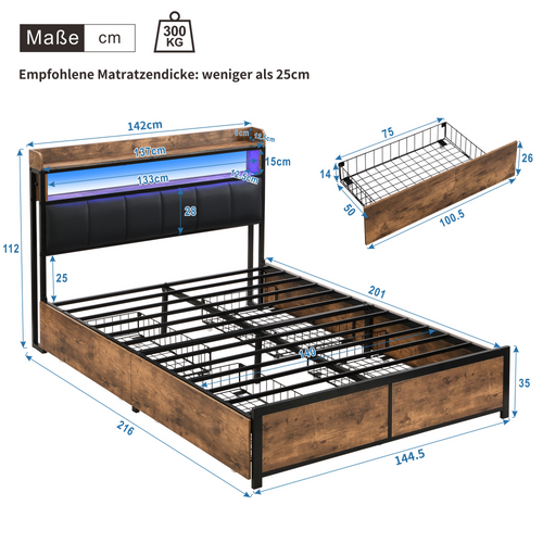 Lit Double 140x200cm, Lit Adulte, LED, 4 Tiroirs à Roulettes, Étagère, Niche, Pu, Mdf, Brun, Noir