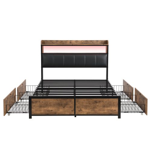 Lit Double 140x200cm, Lit Adulte, LED, 4 Tiroirs à Roulettes, Étagère, Niche, Pu, Mdf, Brun, Noir