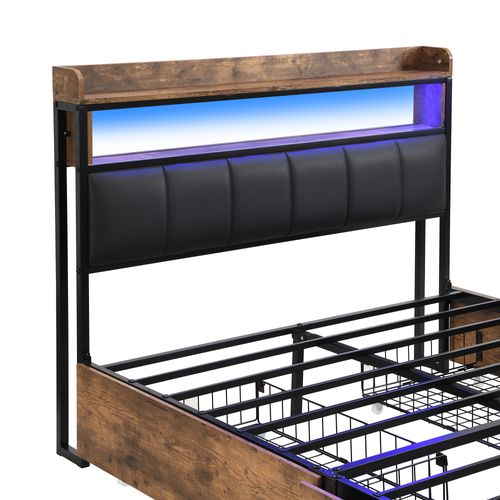 Lit Double 140x200cm, Lit Adulte, LED, 4 Tiroirs à Roulettes, Étagère, Niche, Pu, Mdf, Brun, Noir