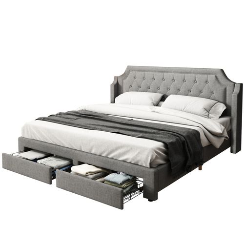 Lit Adulte 180x200cm, Lit Double, 2 Tiroirs Spacieux, Tête De Lit Doux, LED, Lin, Métal, Bois, Gris