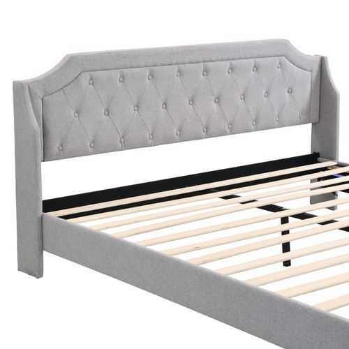 Lit Adulte 180x200cm, Lit Double, 2 Tiroirs Spacieux, Tête De Lit Doux, LED, Lin, Métal, Bois, Gris