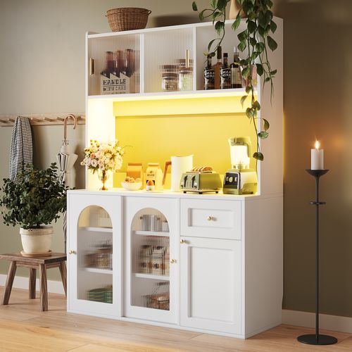 Buffet Haut 120x35x167 Cm, Meuble De Cuisine, LED, Étagères Réglables, Portes En Verre, Mdf, Blanc