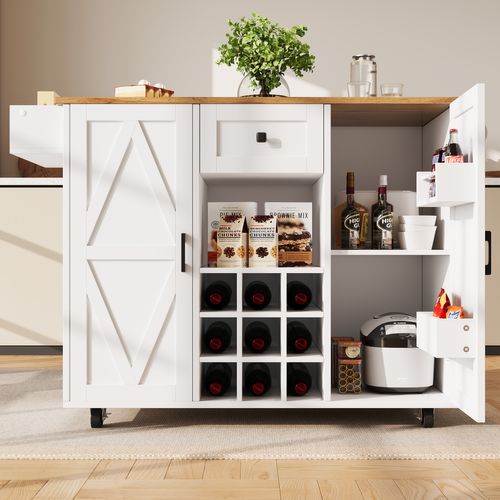 Îlot De Cuisine 137.5x65x95.6 Cm Avec Extensible, Portes, Étagère, Tiroir, Roulettes, Mdf, Blanc