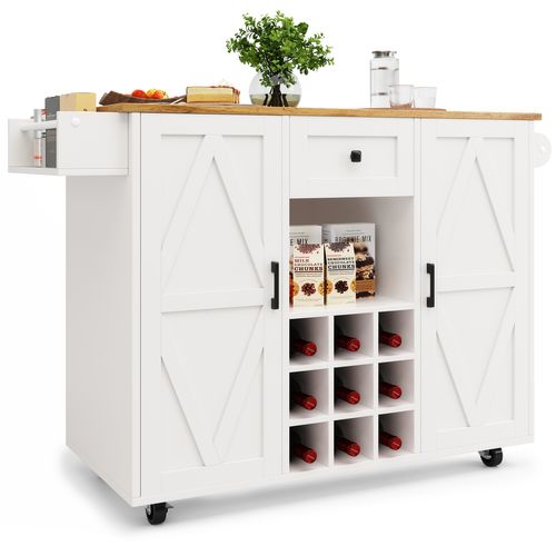 Îlot De Cuisine 137.5x65x95.6 Cm Avec Extensible, Portes, Étagère, Tiroir, Roulettes, Mdf, Blanc