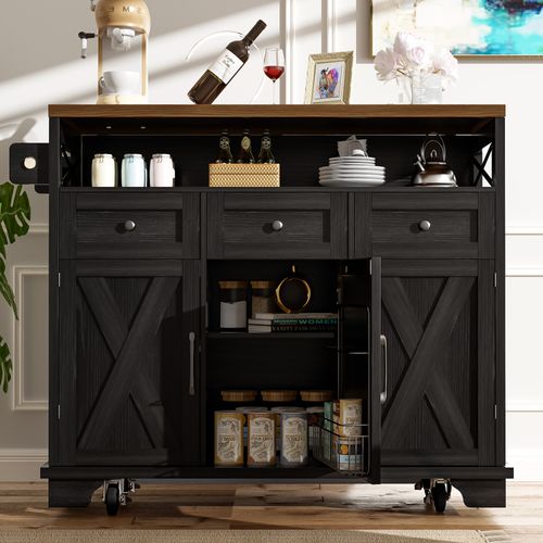 Îlot De Cuisine Extensible 118×43×98 Cm Avec 3 Tiroirs, Portes, Étagère, Roulettes, Mdf, Noir